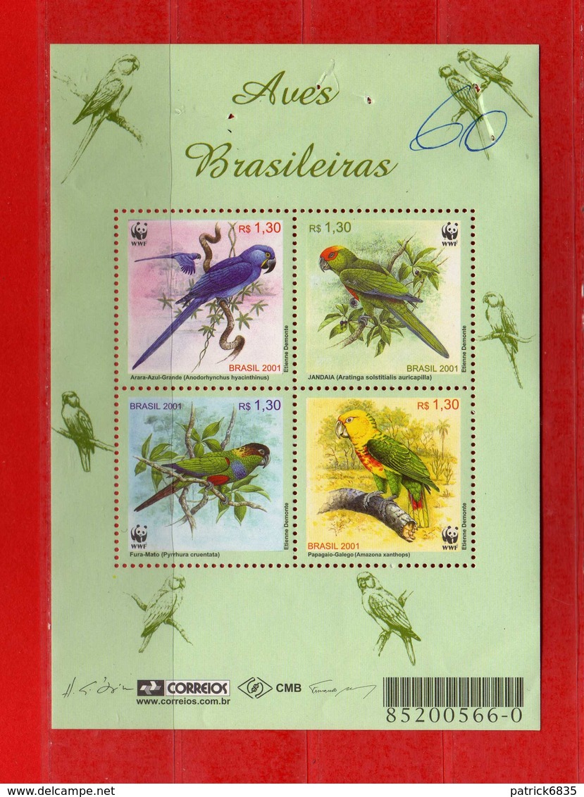 (1) BRASILE  **-2001-FAUNE - Uccelli Birds Oisaux. Yvert 2685 à 2688. MNH. Per Difetto Vedi La Descrizione. - Blocchi & Foglietti