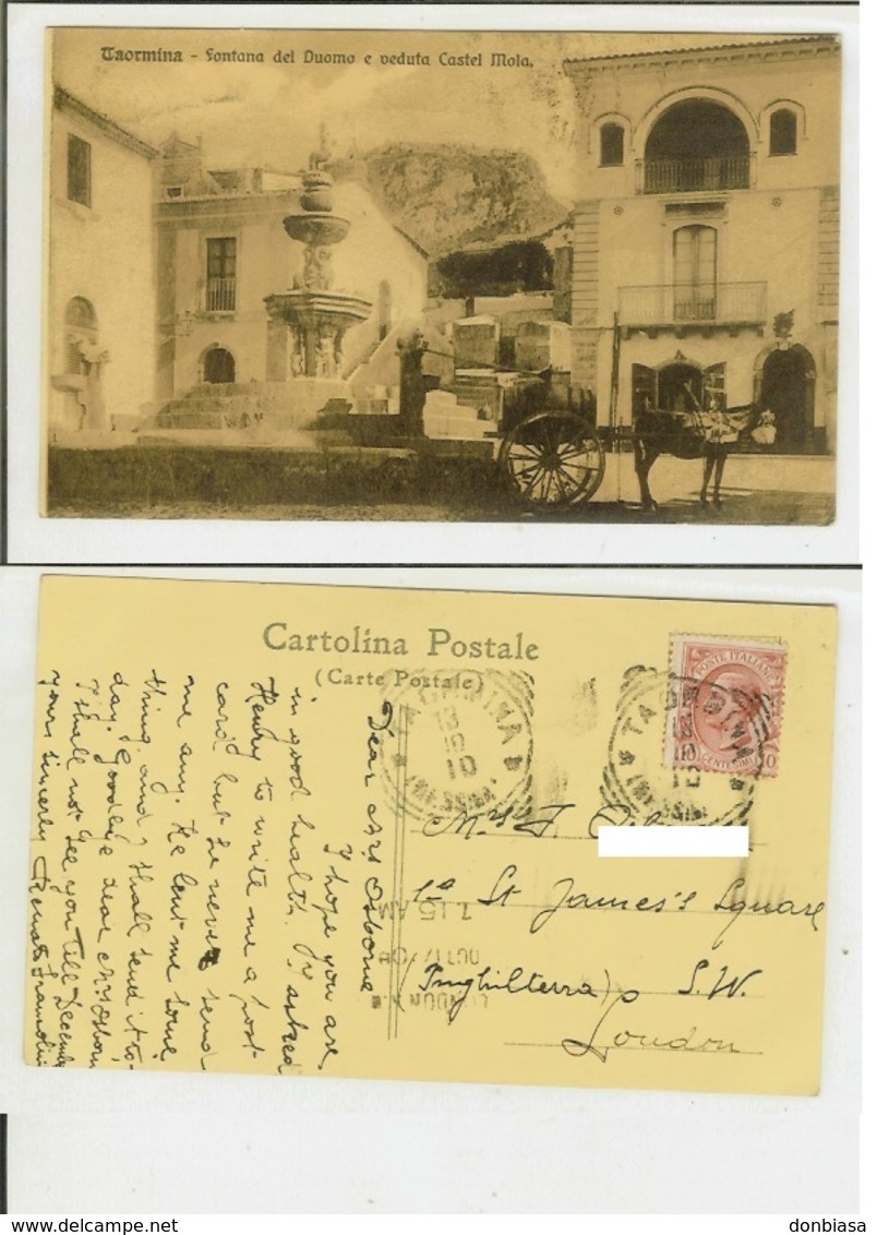 Taormina (Messina): Fontana Del Duomo E Veduta Castel Mola. Cart. Vg 1910. Carro Con Asinello - Messina