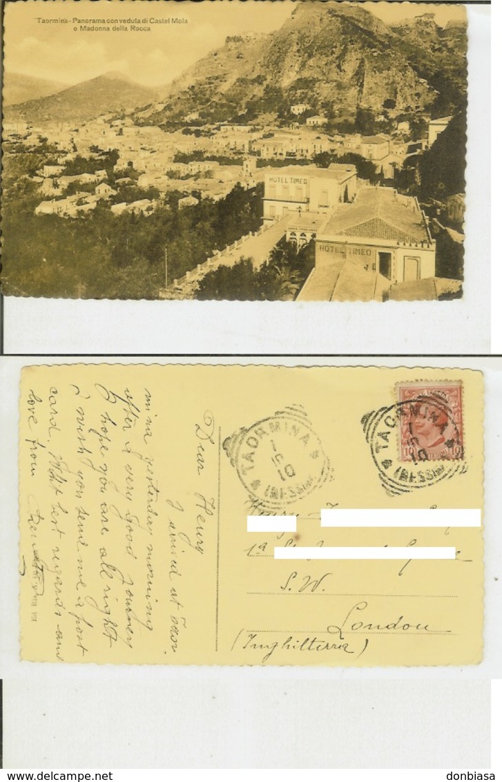 Taormina (Messina): Panorama Con Veduta Di Castel Mola E Madonna Della Rocca. Cartolina Fp Vg 1910 (Hotel Timeo) - Messina