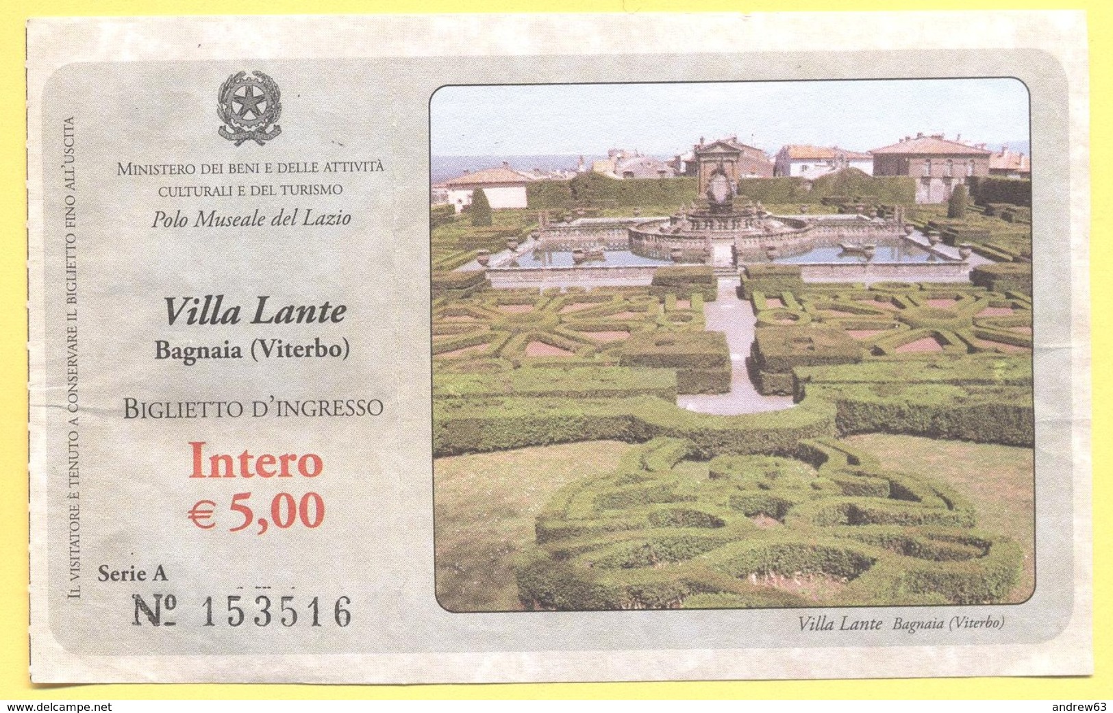 Bagnaia (Viterbo) - Villa Lante - Biglietto D'Ingresso Intero - Tickets - Vouchers