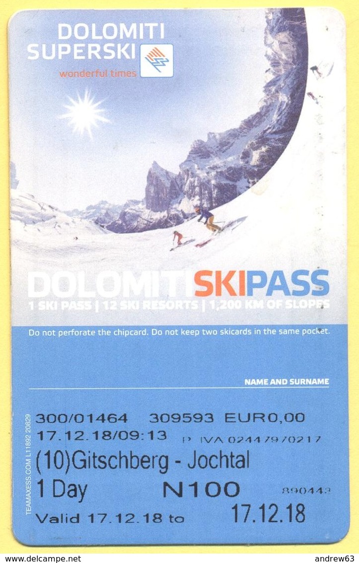 SKIPASS - Dolomiti Superski - Gitschberg Jochtal - Rio Pusteria - Giornaliero Maschio - 2018 - Biglietti D'ingresso