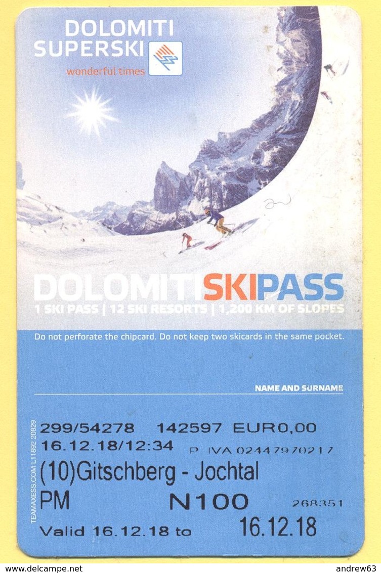 SKIPASS - Dolomiti Superski - Gitschberg Jochtal - Rio Pusteria - Pomeridiano Maschio - 2018 - Biglietti D'ingresso