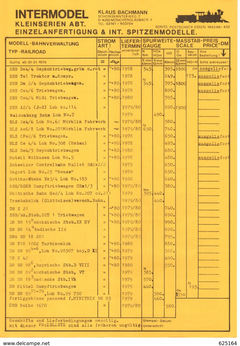 Catalogue INTERMODEL Kleinserien 1978 Spur HO HOm N Nm O Oe + Preis DM - Allemand