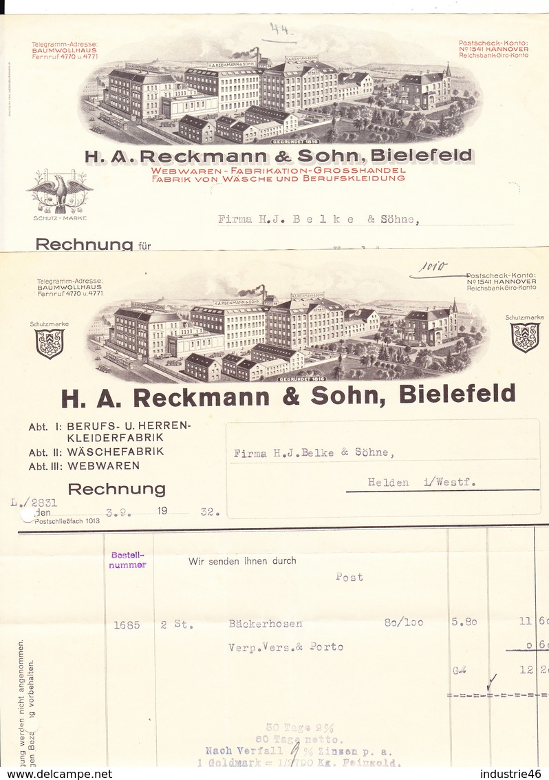 Bielefeld 1929/1932, 2x Rechnung Reckmann & Sohn, Wäschefabrik Etc., Mit Ansicht - 1900 – 1949