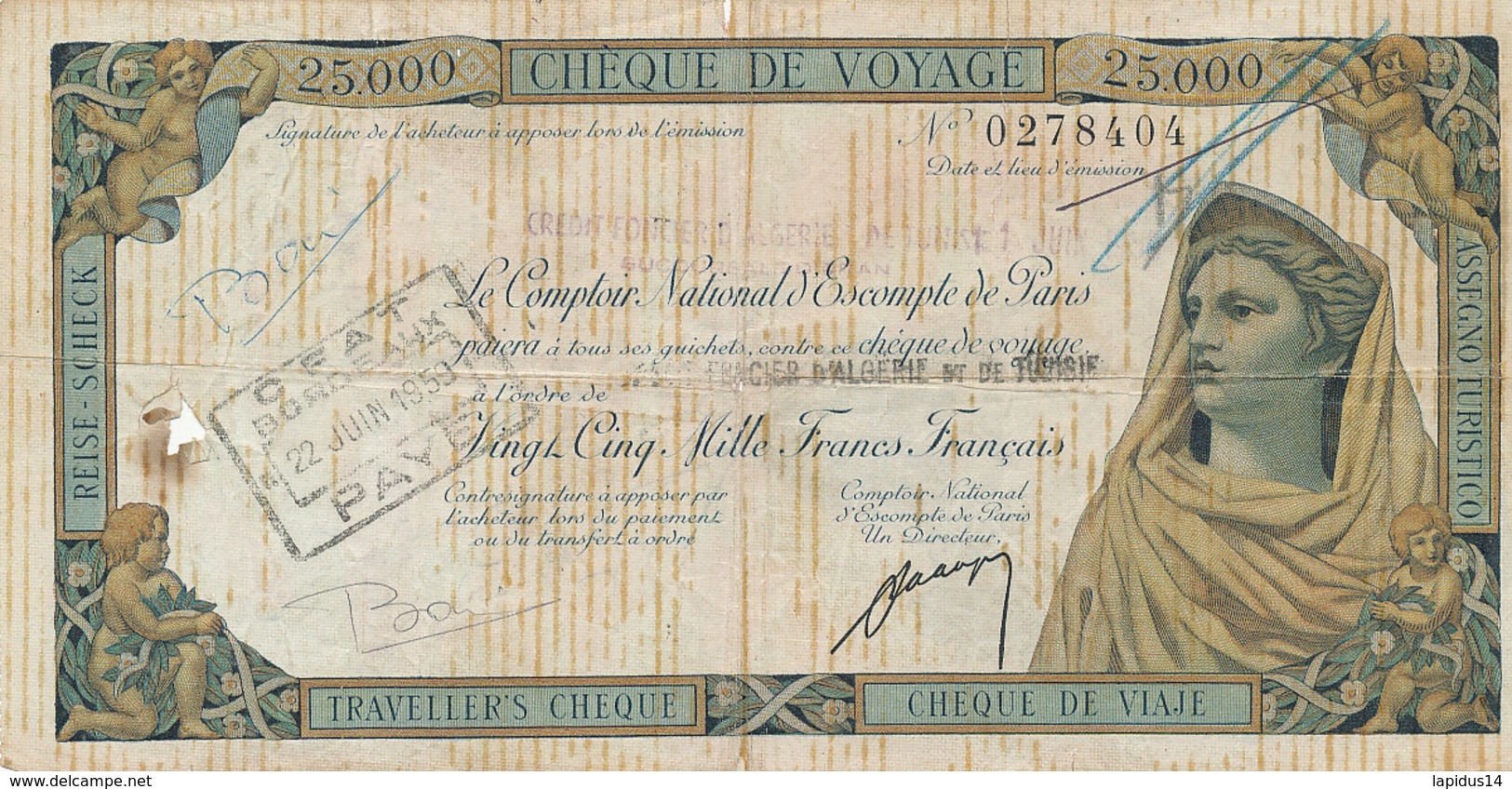 CHEQUE DE VOYAGE  25000 FRANCS FRANCAIS - Cheques & Traveler's Cheques