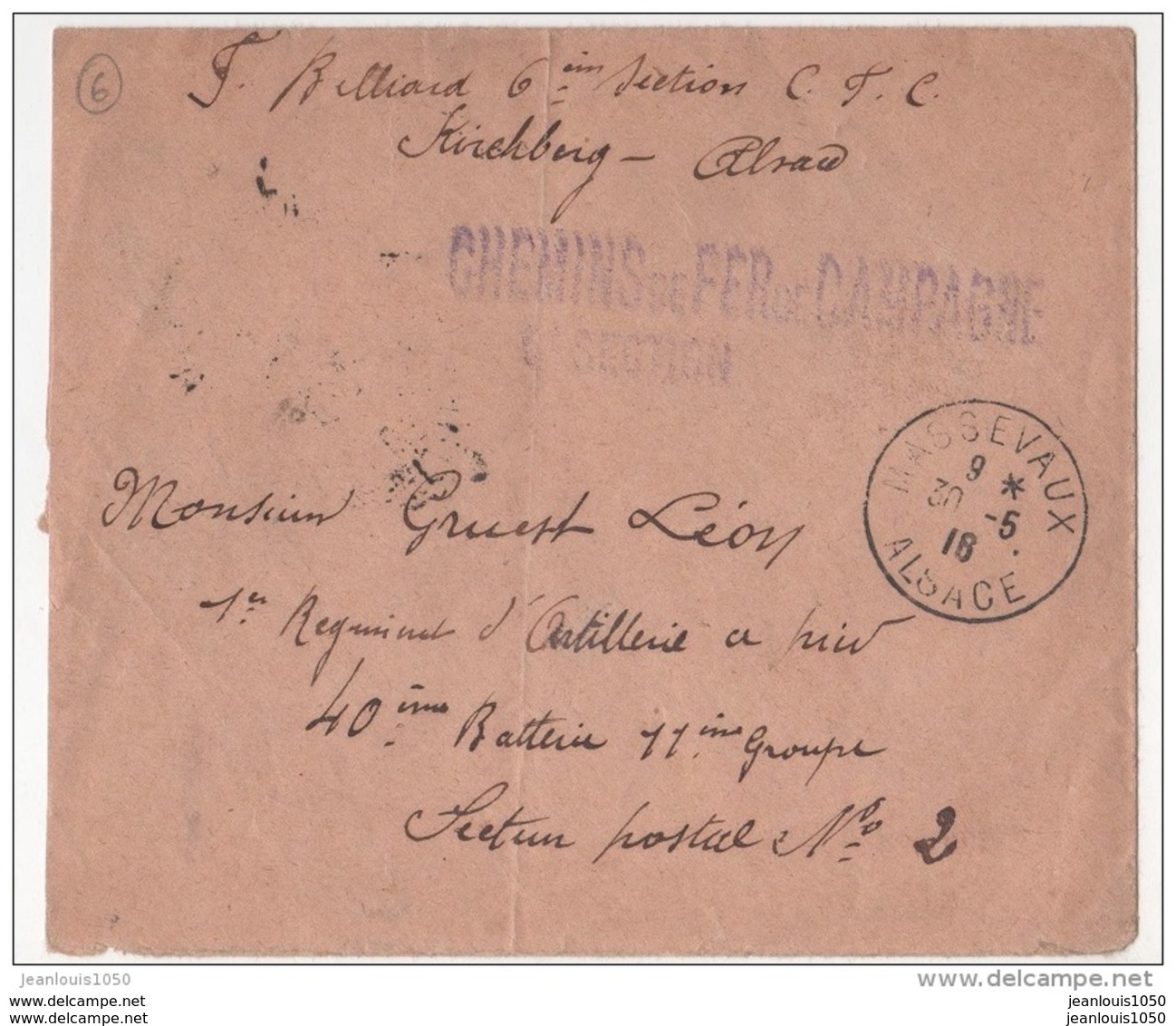 FRANCE MILITARIA LETTRE EN FM CACHETS MASEVAUX 30 5 1915( ALSACE LIBEREE) 6 Eme SCT. CHEMIN DE FER DE CAMPAGNE - Guerra De 1914-18