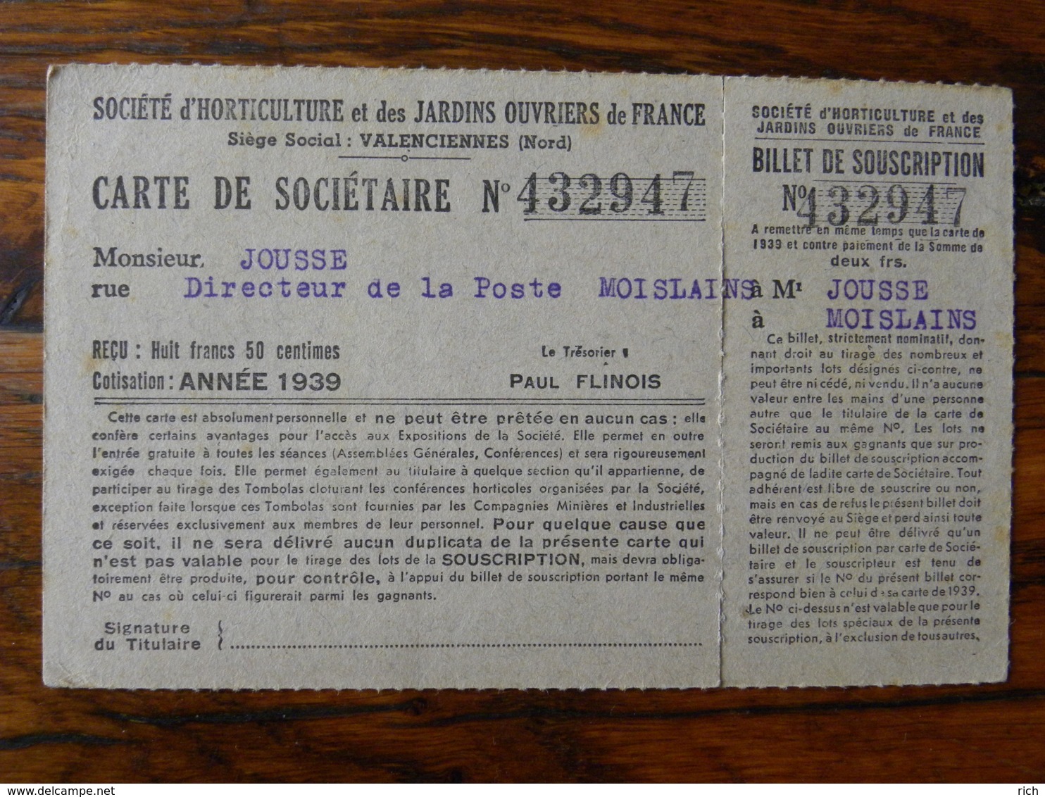 (80) Somme - MOISLAINS - Lot Cartes Sociétaire - Jardins Ouvriers De France - Moislains