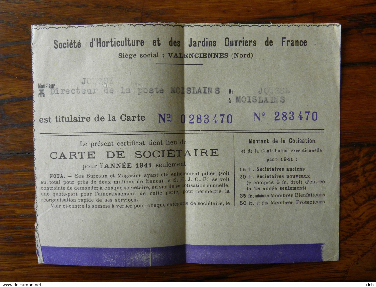 (80) Somme - MOISLAINS - Lot Cartes Sociétaire - Jardins Ouvriers De France - Moislains