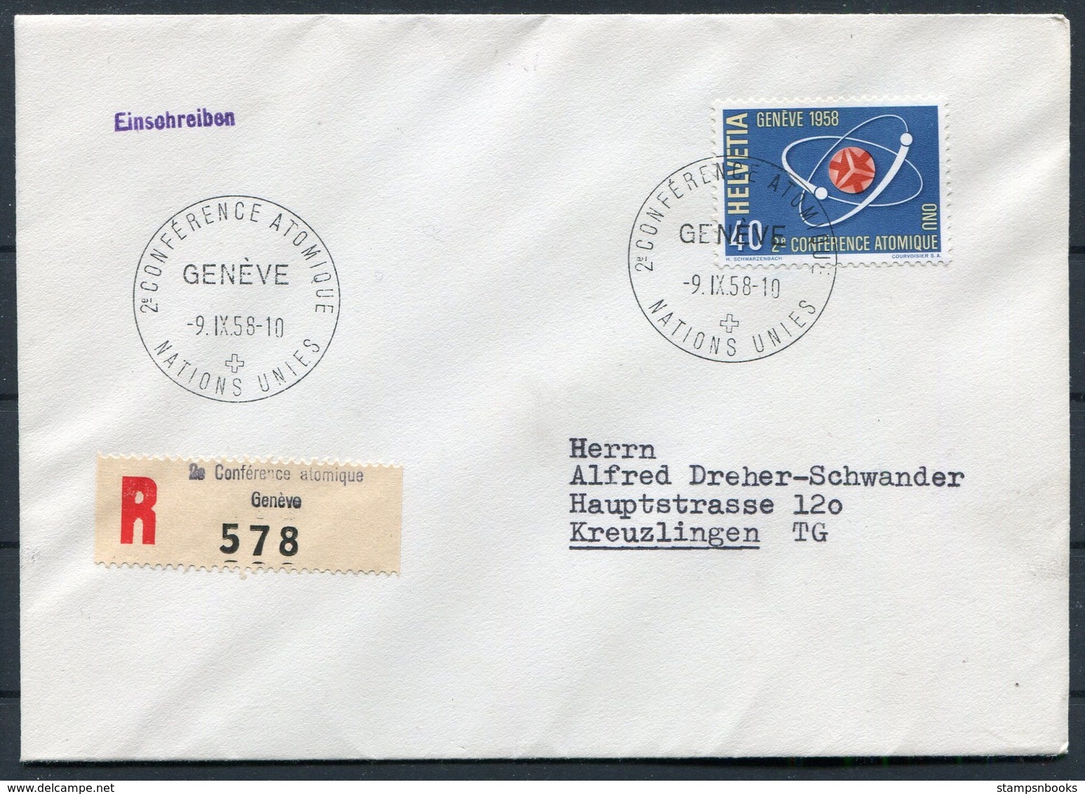 1958 Switzerland Geneva Registered Cover. 2nd Conference Atomique Genéve - Covers & Documents