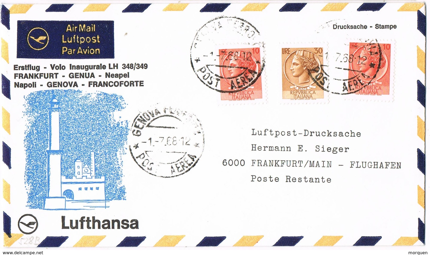 32917. Carta Aerea First Fligth, Erstflug, Primer Vuelo GENOVA - Frankfurt 1968 - Correo Aéreo