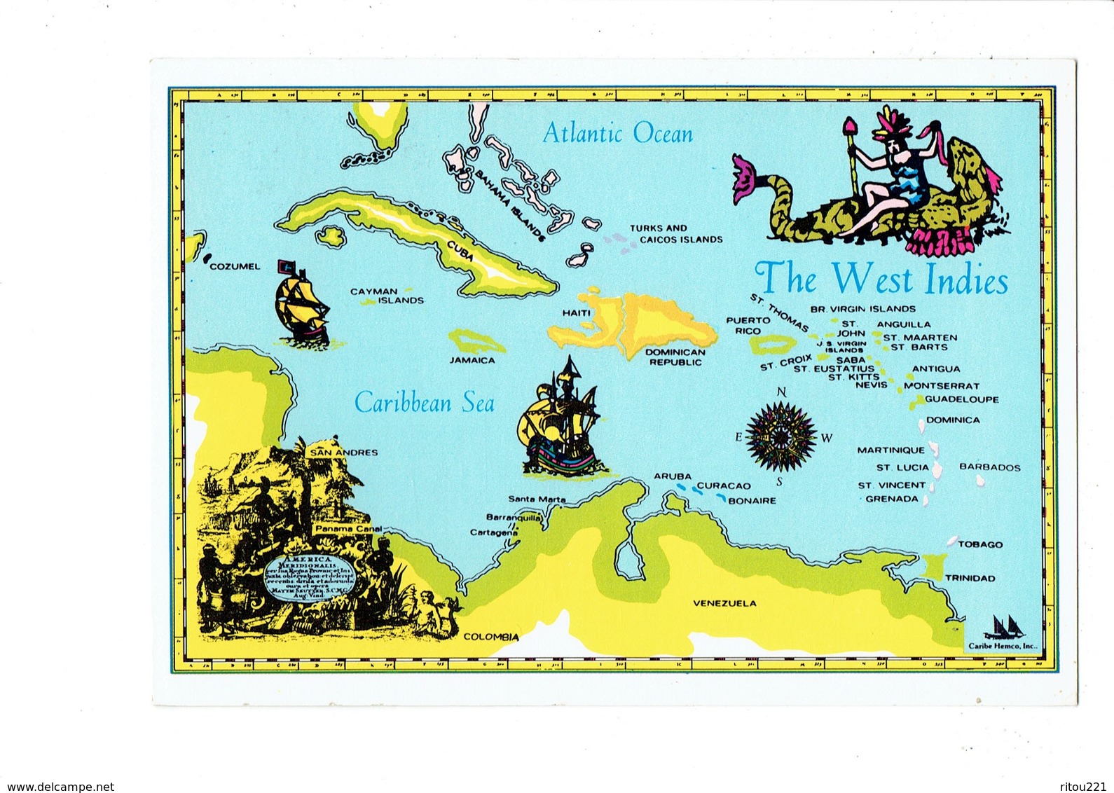 Cpm Amérique - West Indies - Carte Géographique Illustration Femme Monstre Sirène Bateau Voilier - Sainte-Lucie