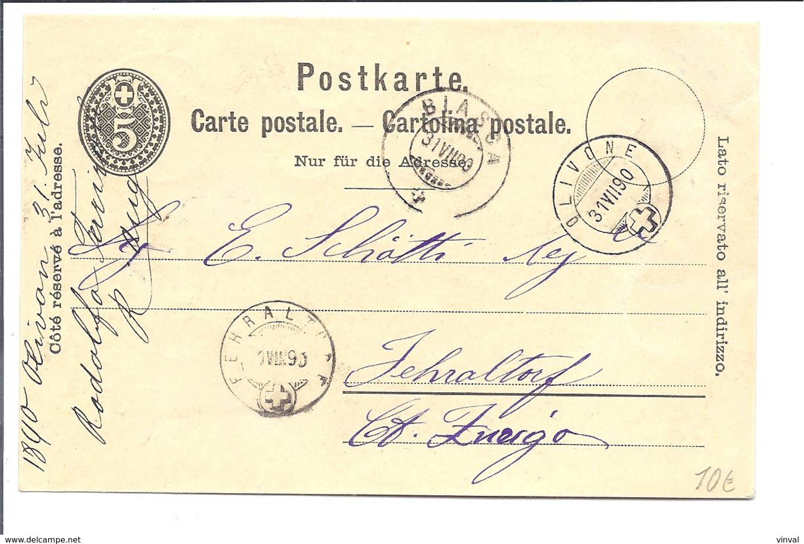 SUISSE Entier Ganzsachen 1890 5ctm Envoyé De Olivone (Ticino) Vers Fehraltorf (Zurich) - Interi Postali