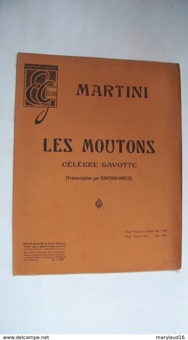 Martini - Les Moutons (célèbre Gavotte) Pour Violon Et Piano - Transcription Bartholomeus - Edition Gallet - Folk Music