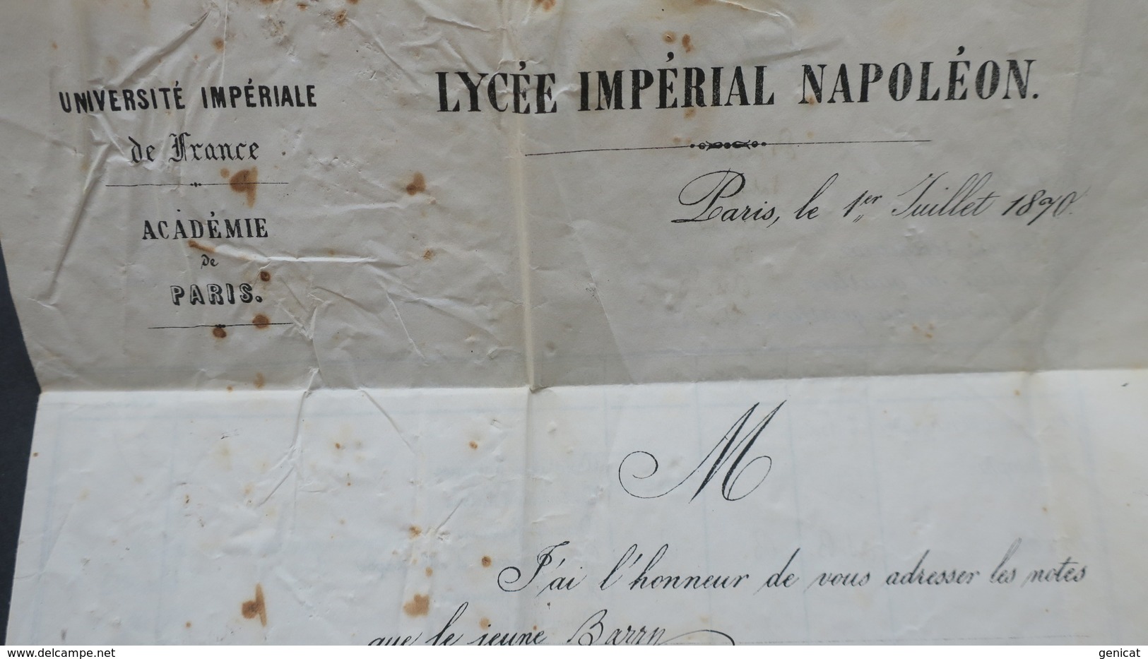 Lettre Bulletin Scolaire Lycée Imperial Napoleon 1870 (Henri IV) Paris Affr. Paire Napoleon  Obl Etoile De Paris N° 28 - 1849-1876: Periodo Clásico