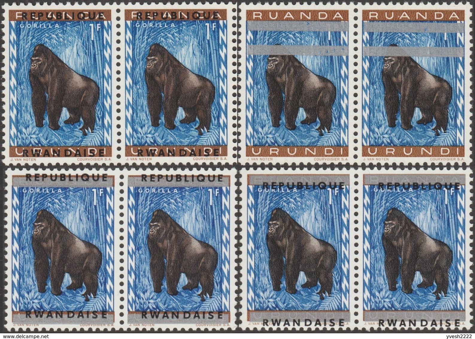 Rwanda 1964 COB 57. 8 Timbres En 4 Paires. Essais De Surcharges. Singe, Gorille - Gorilla's