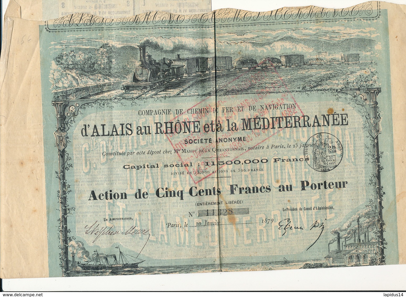 TITRE  -COMPAGNIE DE CHEMIN DE FER D'ALAIS AU RHONE A LA MEDITERANEE ACTION DE CINQ CENTS FRANCS  1870 -34 COUPONS - Industry