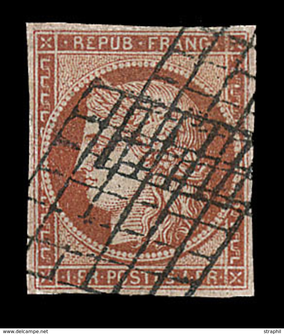 O EMISSION CERES 1849 - O - N°7b - 1F Vermillon Terne - Obl. Grille - Restauré - Certif. Scheller - Cote Et N° Asp. TB - 1849-1850 Cérès