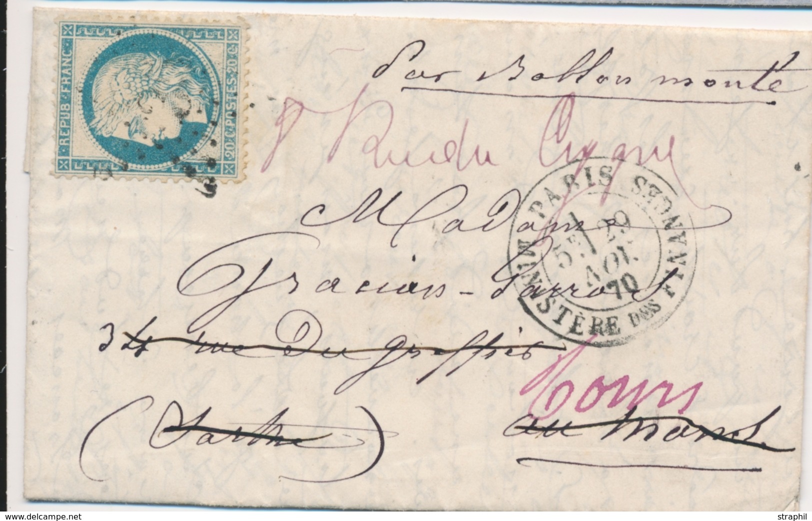 LAC BALLONS MONTES - LAC - La Ville D'ORLEANS - LMM Du 24.11.70 - Sans Timbre (accidenté) CaD Rare St Lazare - CaD LE MA - Guerre De 1870