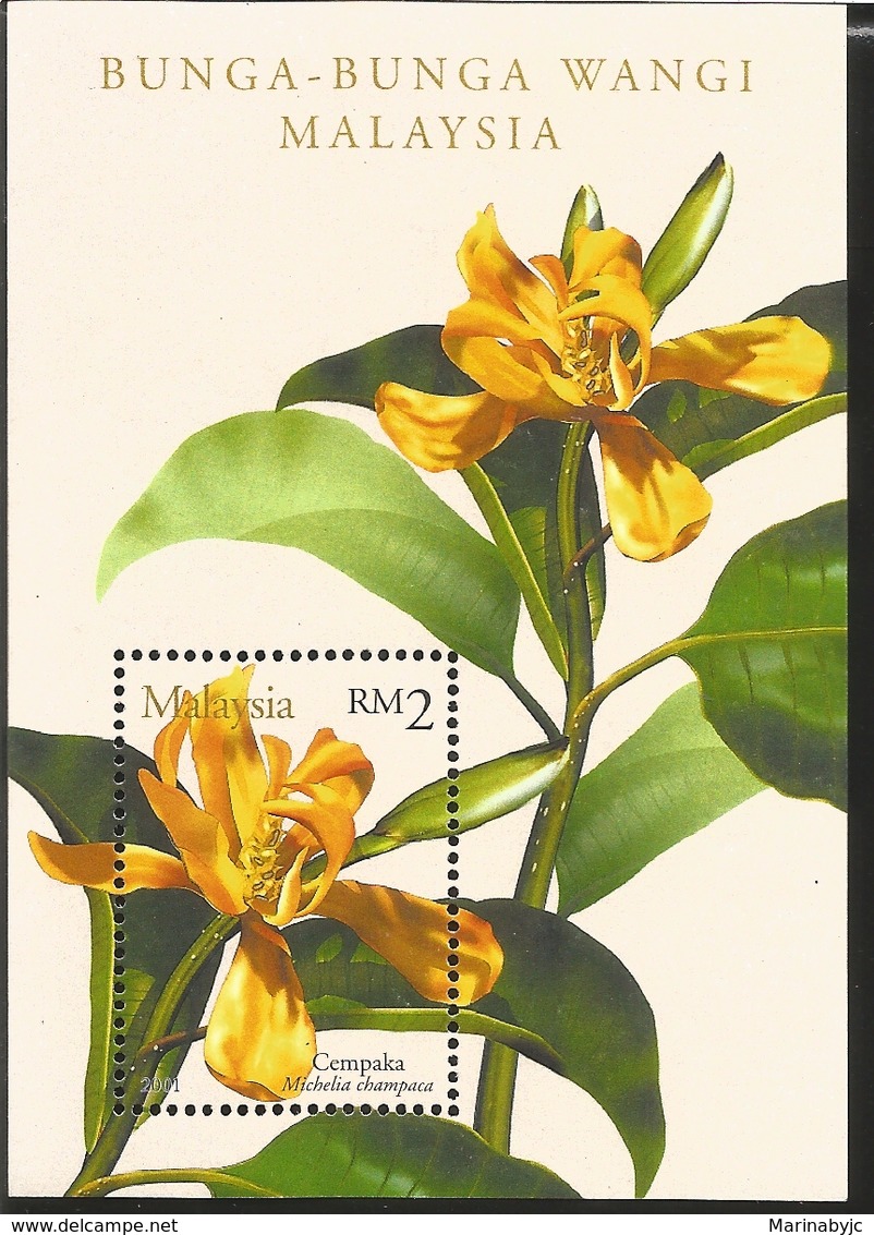 V) 2001 MALAYSIA, FLOWERS WITH FRAGANCE, MICHELIA CHAMPACA, SOUVENIR SHEET, MNH - Malaysia (1964-...)