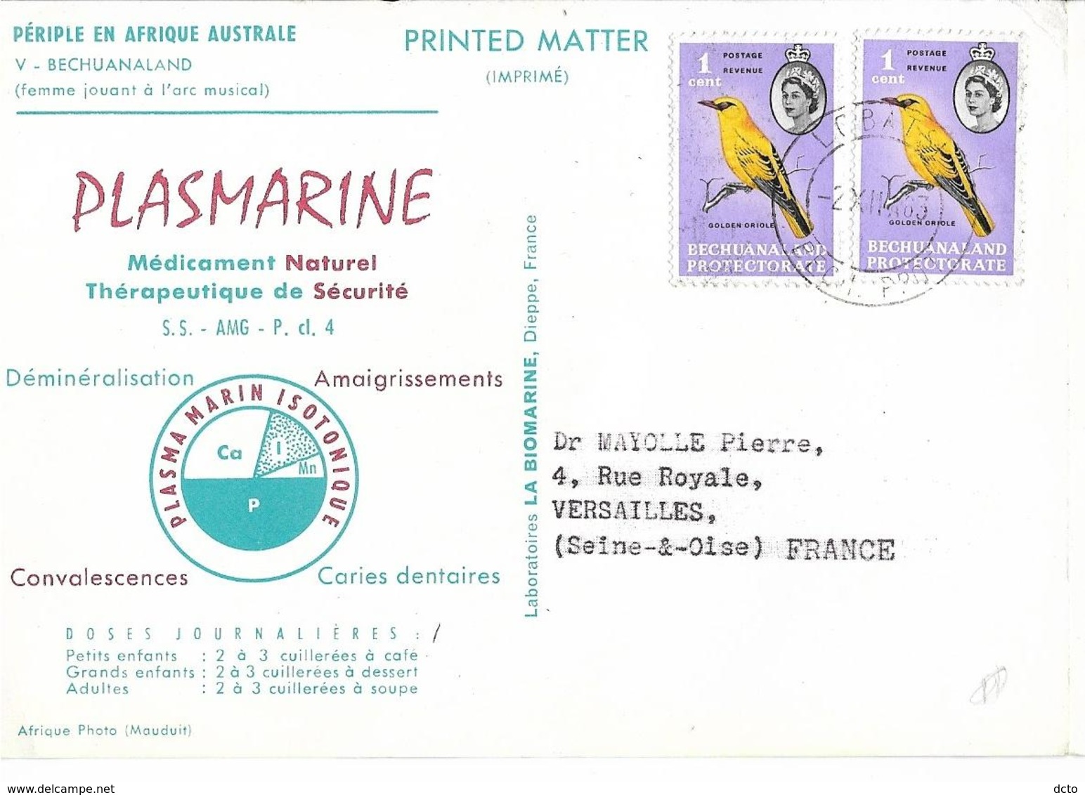 BECHUANALAND (femme Jouant Arc Musical) Afrique Australe Plasmarine Pub Biomarine, Envoie 1963, Avec Timbres - Botswana