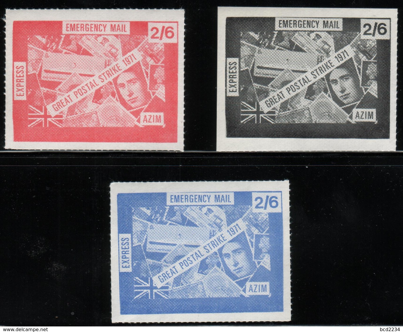 GREAT BRITAIN GB 1971 POSTAL STRIKE MAIL AZIM EXPRESS EMERGENCY MAIL SERVICE 2/6 PRE-DECIMAL SET BLUE RED BLACK NHM - Cinderellas