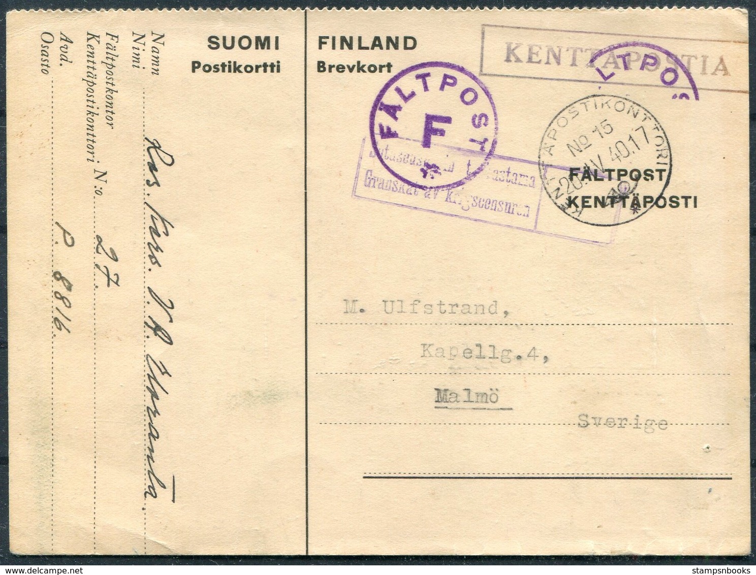 1940 Finland Kenttapostia Swedish Faltpost Censor Stationery Postcard - Sweden - Covers & Documents