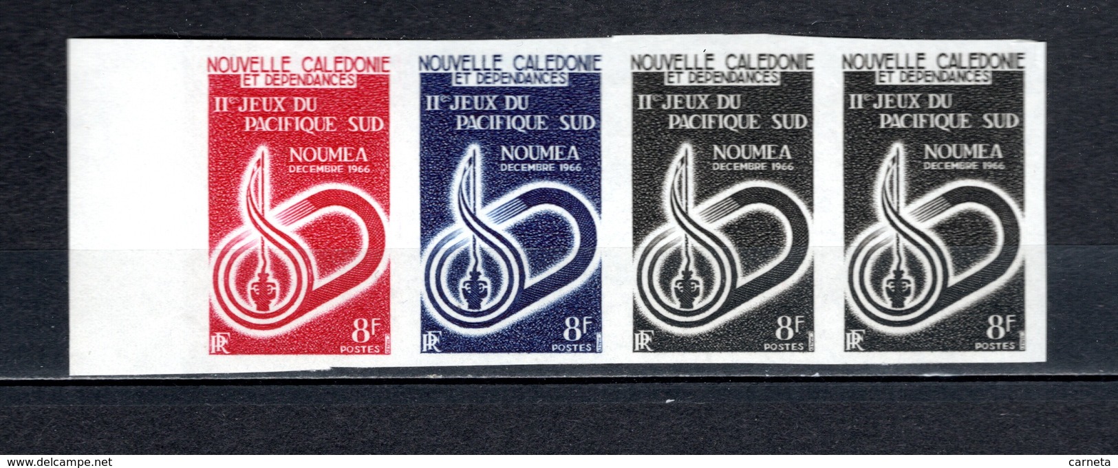 Nlle CALEDONIE N° 328 BANDE DE QUATRE   ESSAI DE COULEUR  NEUFS SANS CHARNIERE  COTE ?  JEUX SPORTIFS - Non Dentelés, épreuves & Variétés