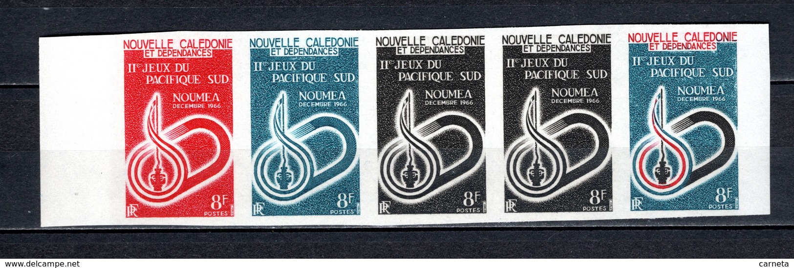 Nlle CALEDONIE N° 328 BANDE DE CINQ EXEMPLAIRES   ESSAI DE COULEUR  NEUFS SANS CHARNIERE  COTE ?  JEUX SPORTIFS - Sin Dentar, Pruebas De Impresión Y Variedades