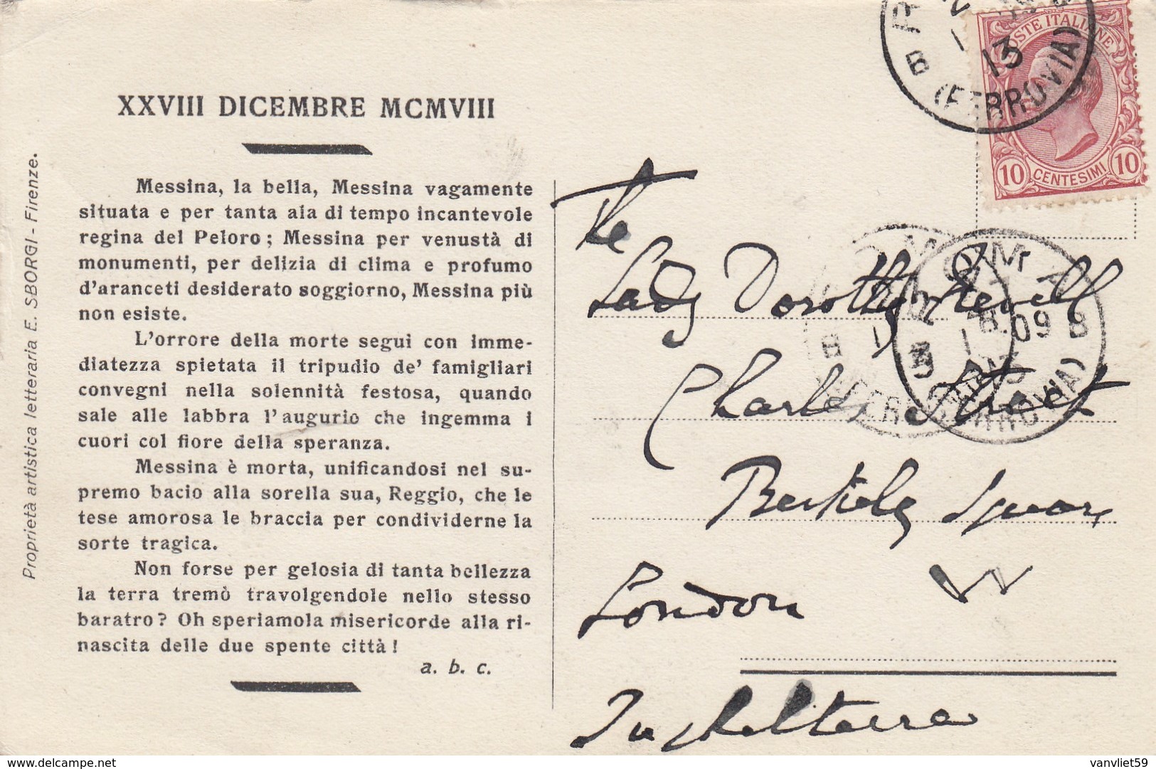 MESSINA-28 DICEMBRE 1908-CARTOLINA VIAGGIATA IL 8-1-1909 - Messina