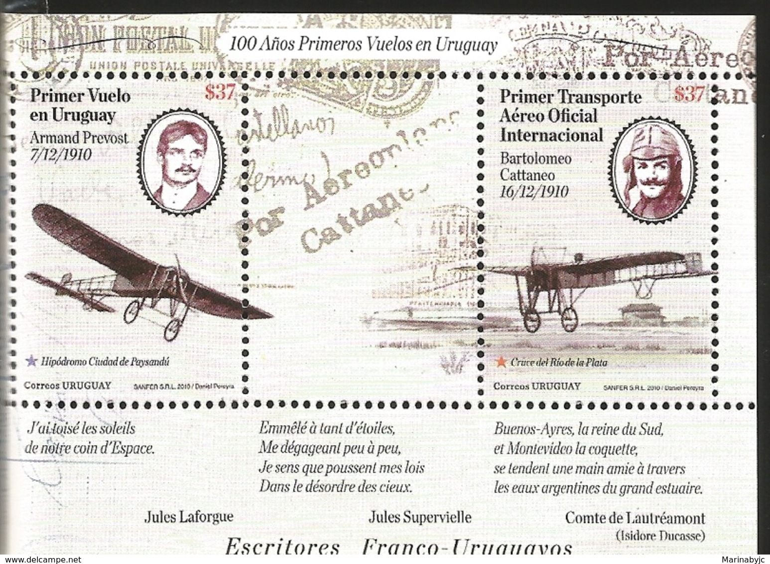 V) 2010 URUGUAY, PERSONALITIES, AVIATION 100 YEARS FIRST FLIGHTS IN URUGUAY, MNH - Uruguay