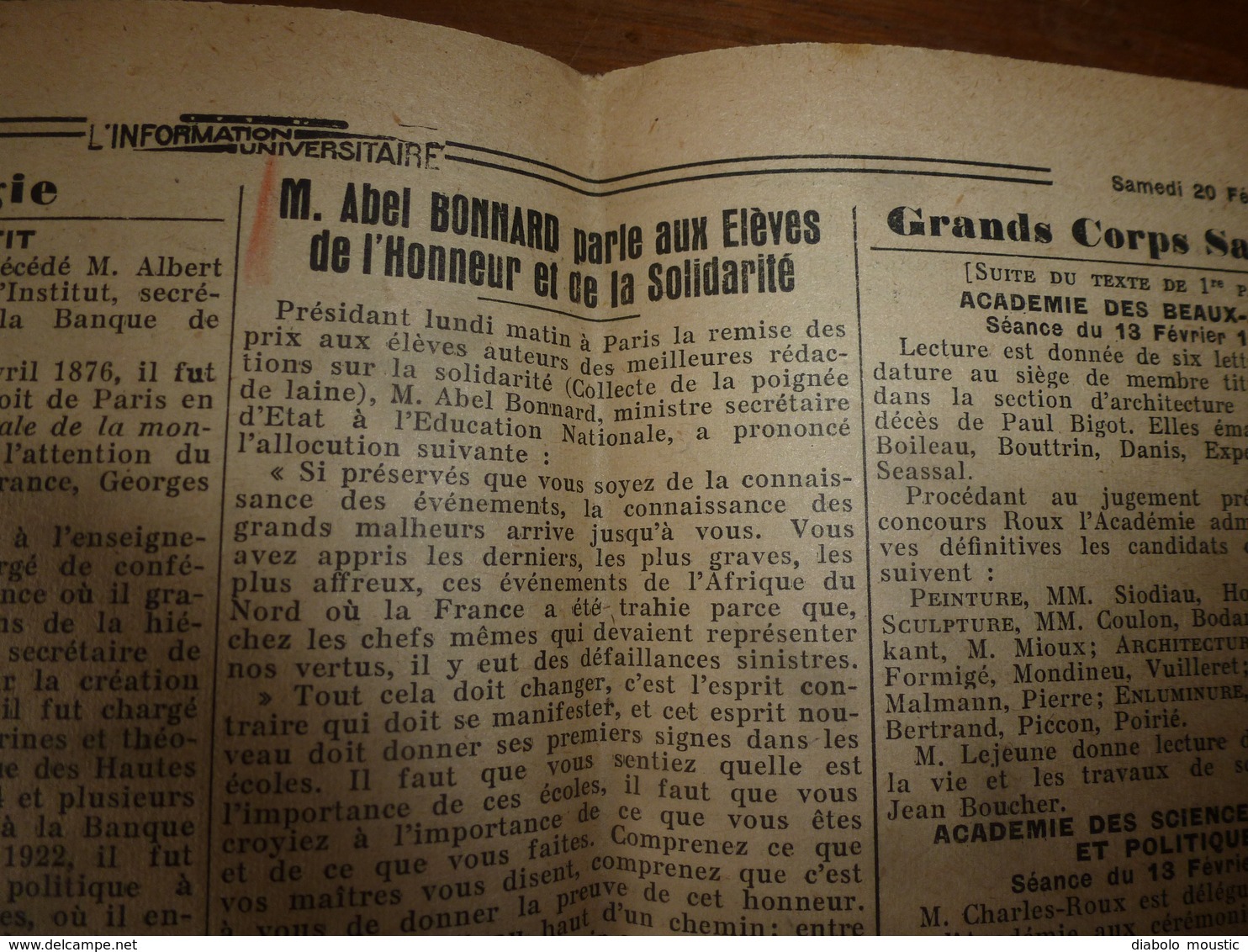 20 fev 1943 INFO-UNI: Fête du Bloc ETP au Val de Grâce;Service Obligatoire du Travail et les étudiants;PATRIOTISME; etc