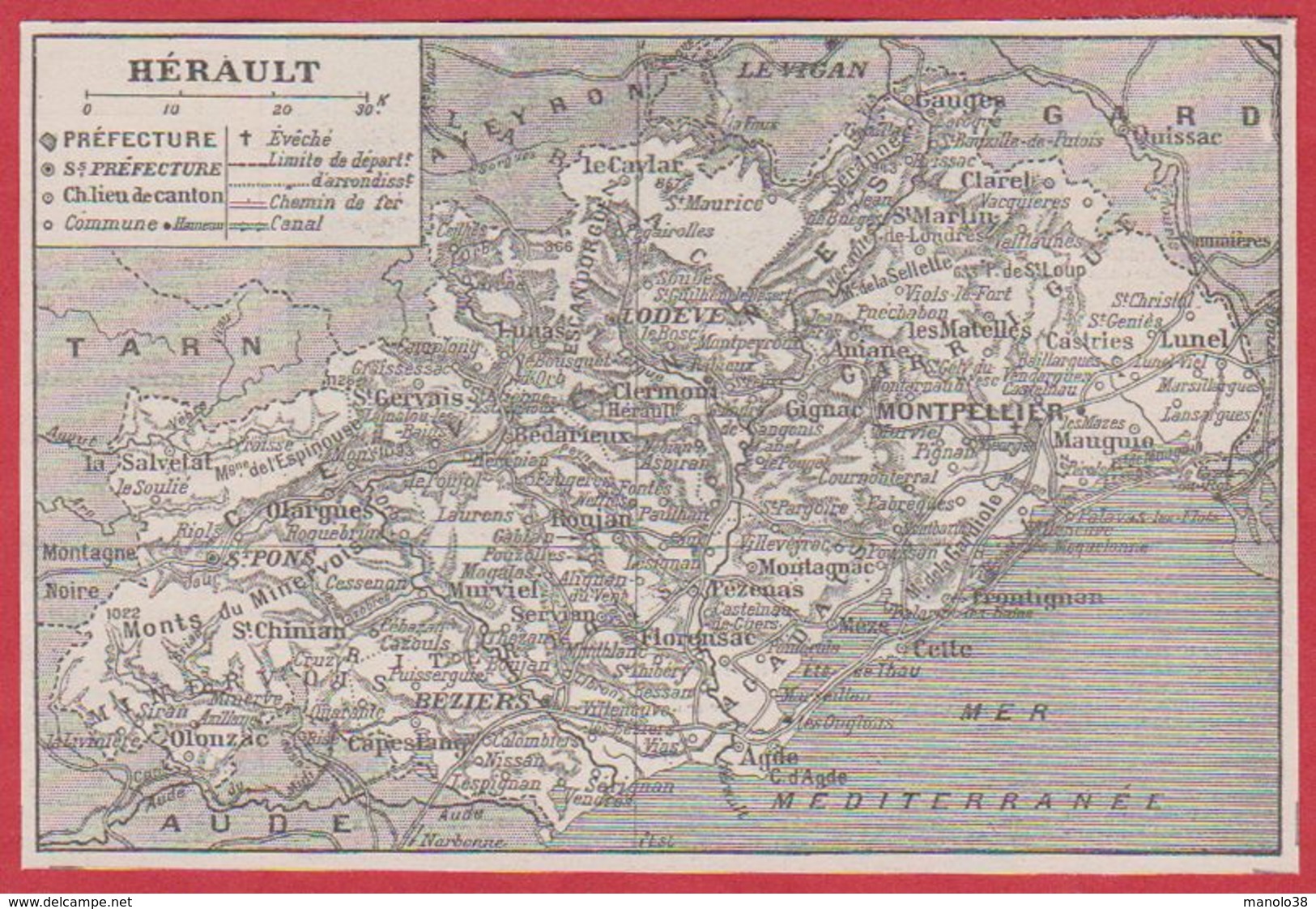 Carte Du Département De L'Hérault (34), Préfecture, Sous Préfecture, Chef Lieu , Commune, évêché... Larousse 1920 - Non Classés