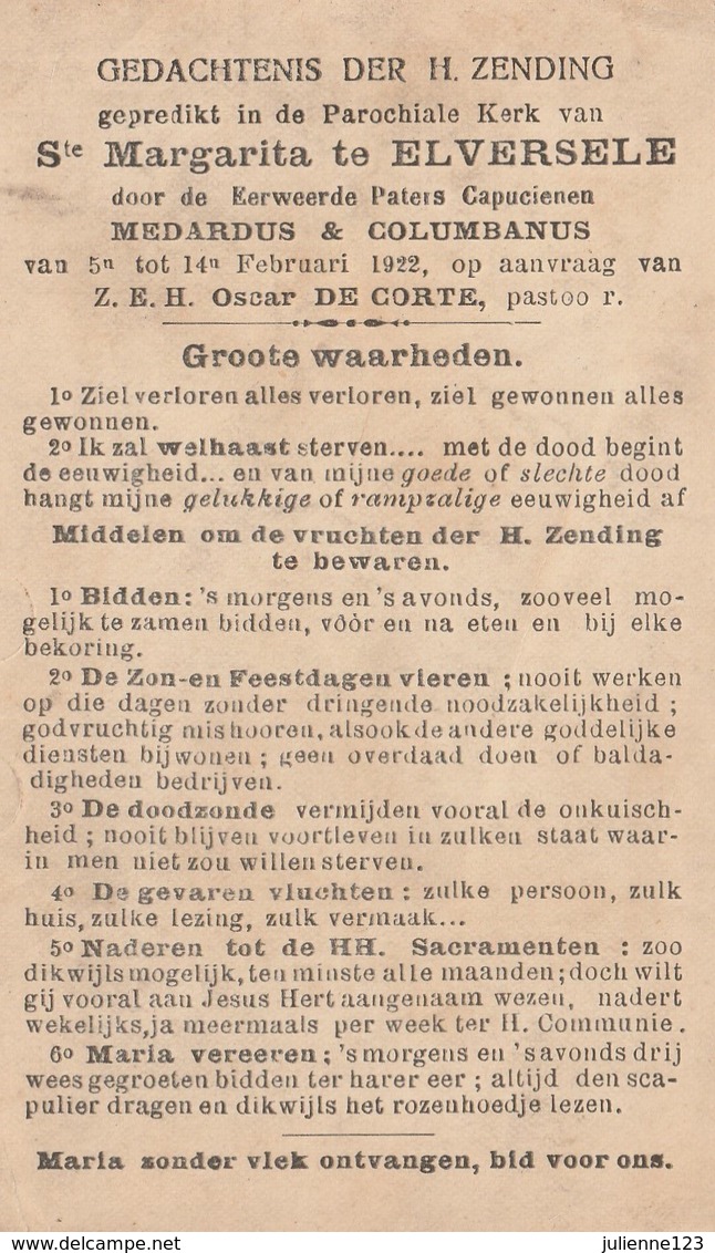 MOOI HEILIG PRENTJE-GEPREDIKT IN KERK ST.MARGARITA TE ELVERSELE 1922 - Religion & Esotérisme