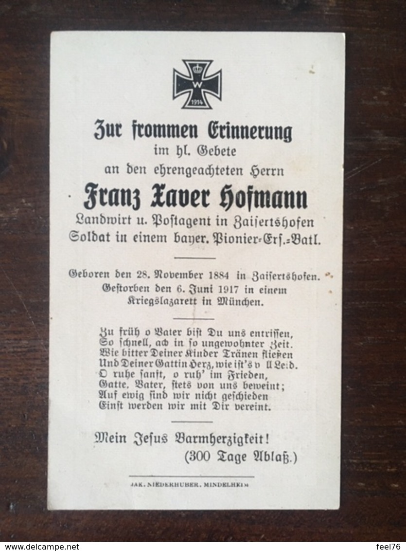 Sterbebild Wk1 Bidprentje Avis Décès Deathcard PIONIER Ersatz Bataillon München Aus Zaisertshofen - 1914-18