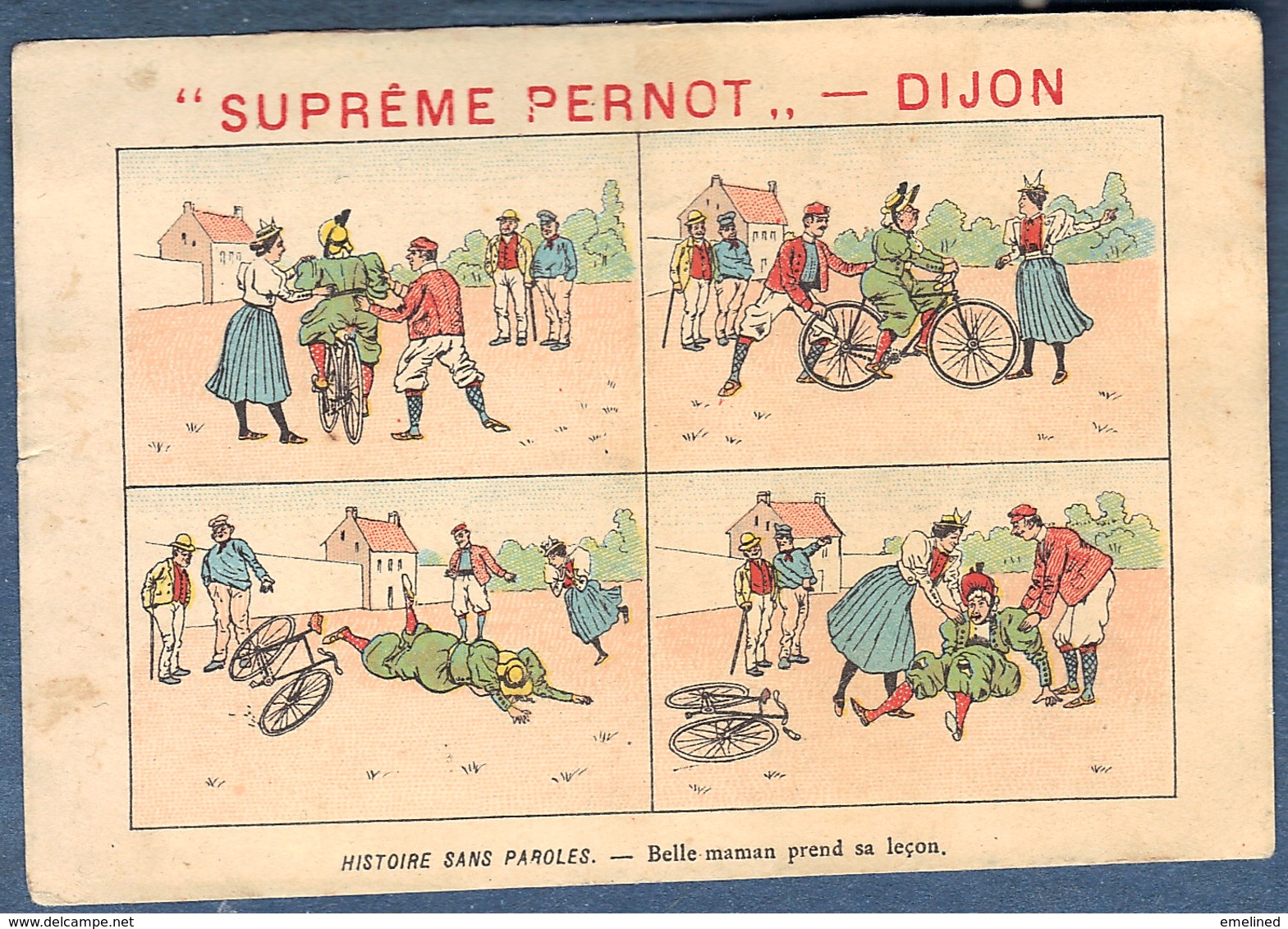 Chromo Biscuits Pernot Histoire Sans Paroles Humour Litho Courbe Rouzet Belle Maman Prend Sa Leçon Chute De Vélo - Pernot