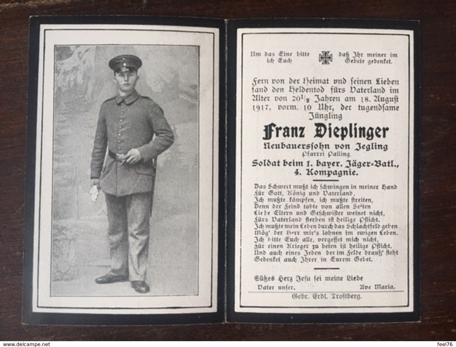 Sterbebild Wk1 Bidprentje Avis Décès Deathcard 1. Jäger Bataillon Alpenkorps August 1917 Aus Jegling - 1914-18