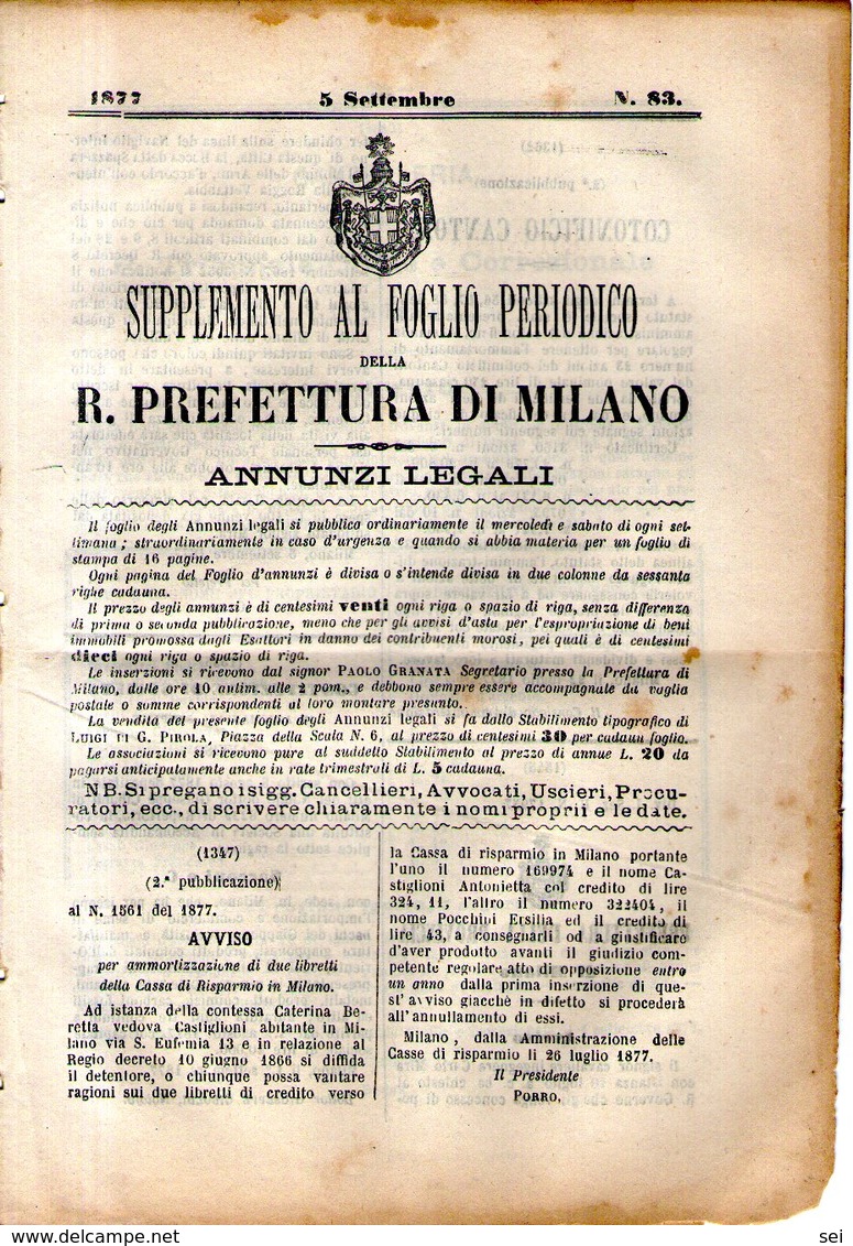 B 2551  -  Supplemento Al Foglio Periodico Della R. Prefettura Di Milano. Annunzi Legali, 1877 - Decreti & Leggi