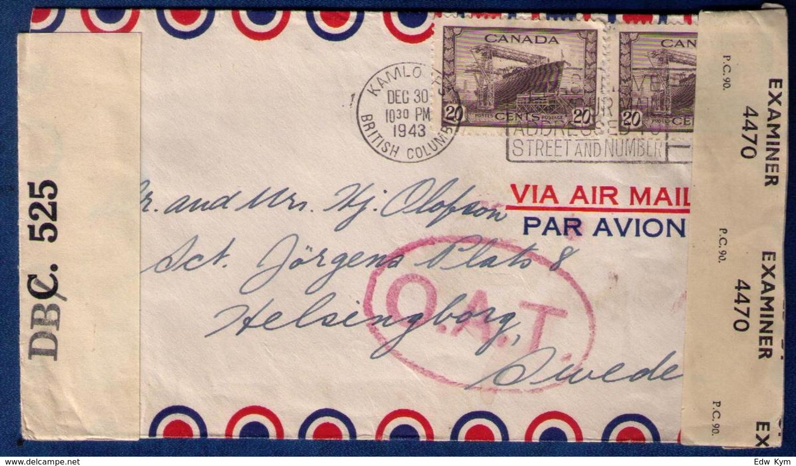 Kamloops BC (1943) Canada Scott 260 Pair O.A.T.Handstamp British Columbia Cancelled 12-30-1943 Postal Cover - Covers & Documents