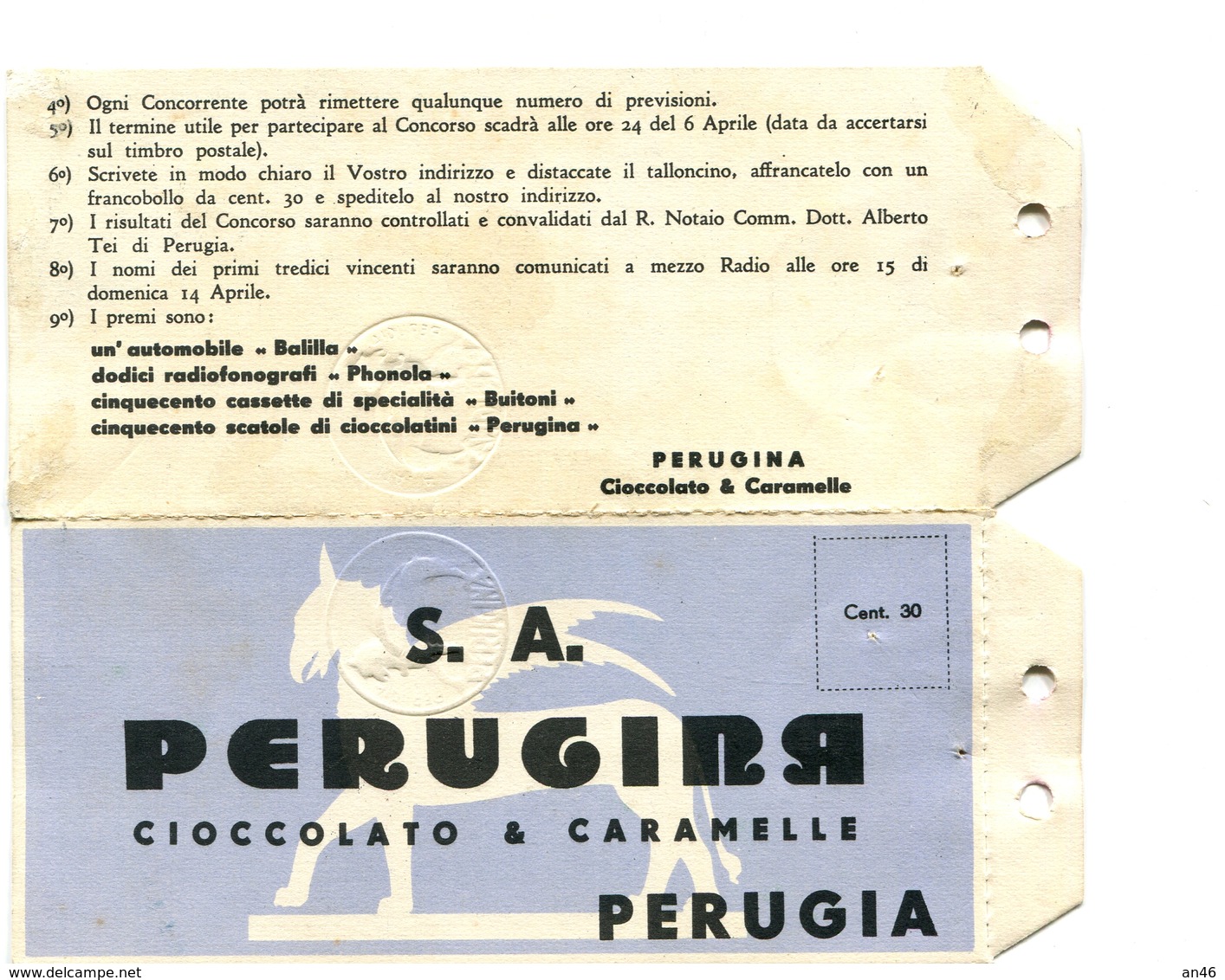 PUBBLICITA'_ADVERTISING_REKLAM-" S. A.  PERUGINA " CIOCCOLATO E CARAMELLE-PERUGIA-Original 100% /AN3- - Publicité