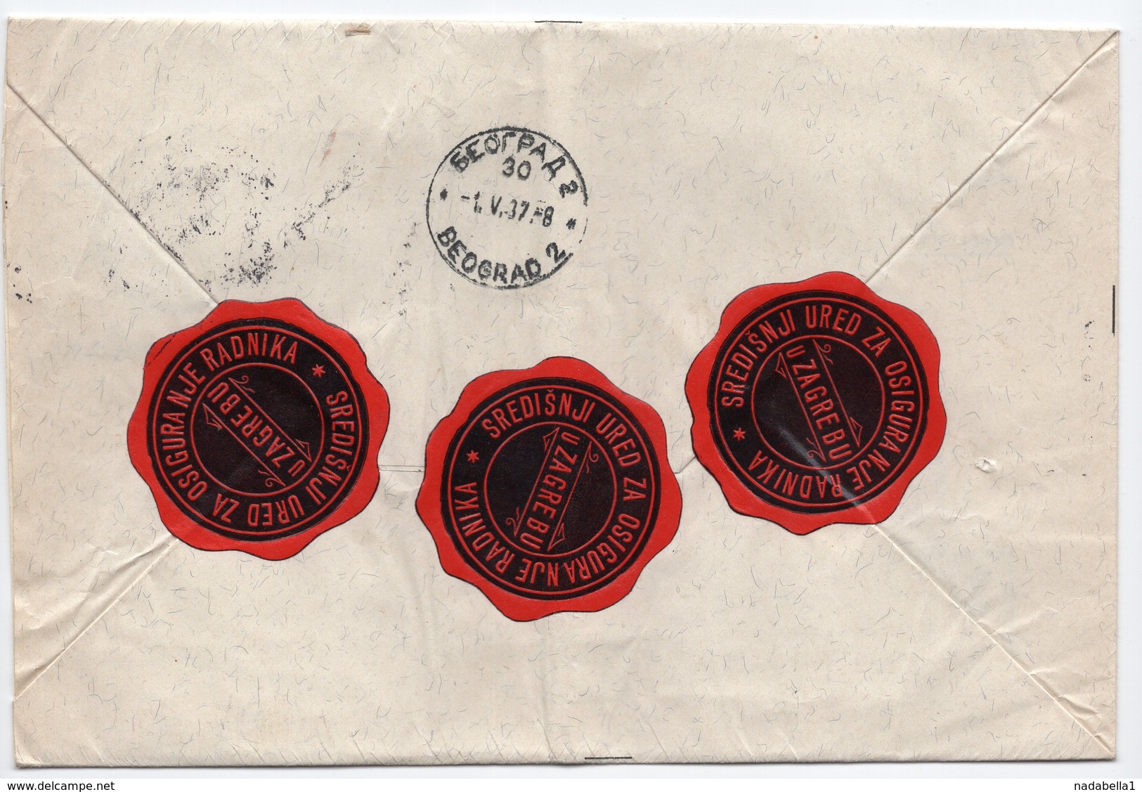 1937 YUGOSLAVIA, CROATIA, WORKERS INSURANCE  OFFICE ZAGREB, RECORDED, 3 POSTER STAMPS AT THE BACK - Covers & Documents