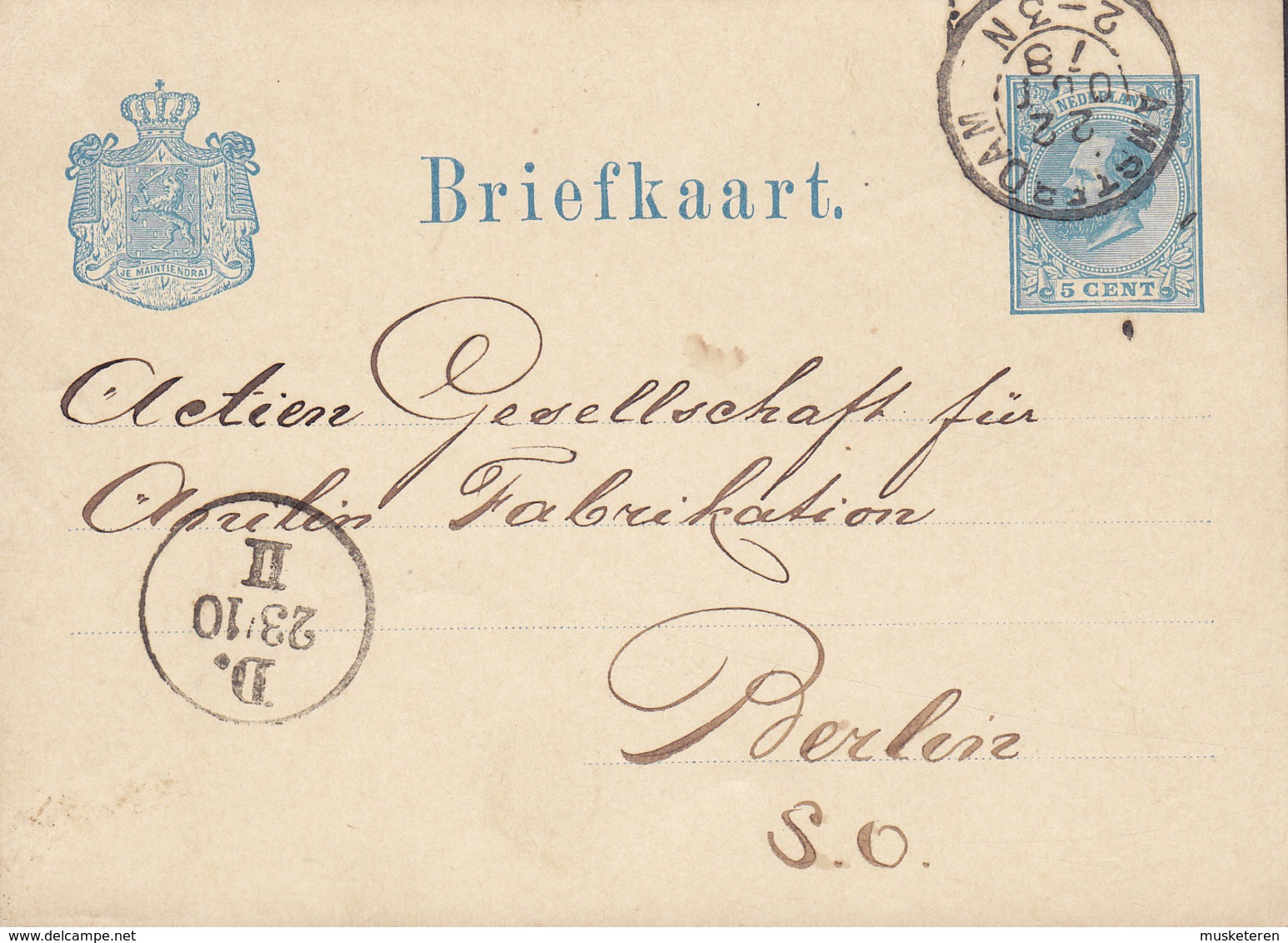 Netherlands Postal Stationery Ganzsache Entier 5c. W. W. VAN EPEN & Co. AMSTERDAM 1878 BERLIN (Arr.) Germany - Postal Stationery