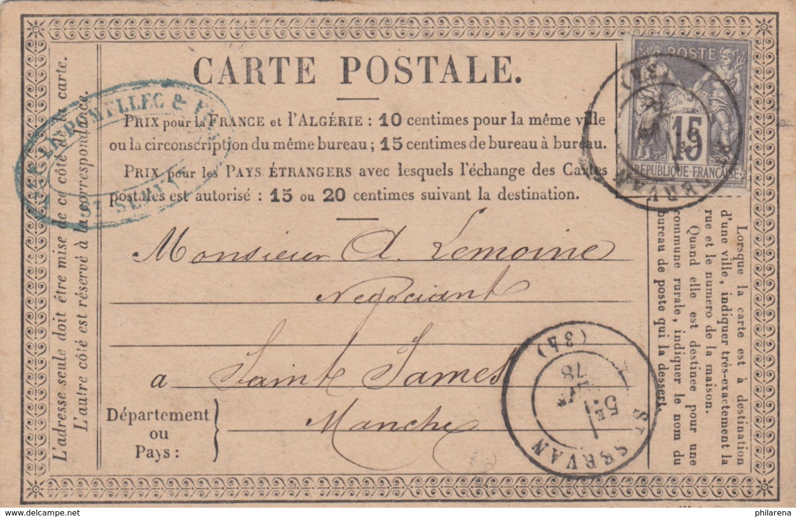 Post Card St. Severin To Sainte James 1878 - Sonstige & Ohne Zuordnung