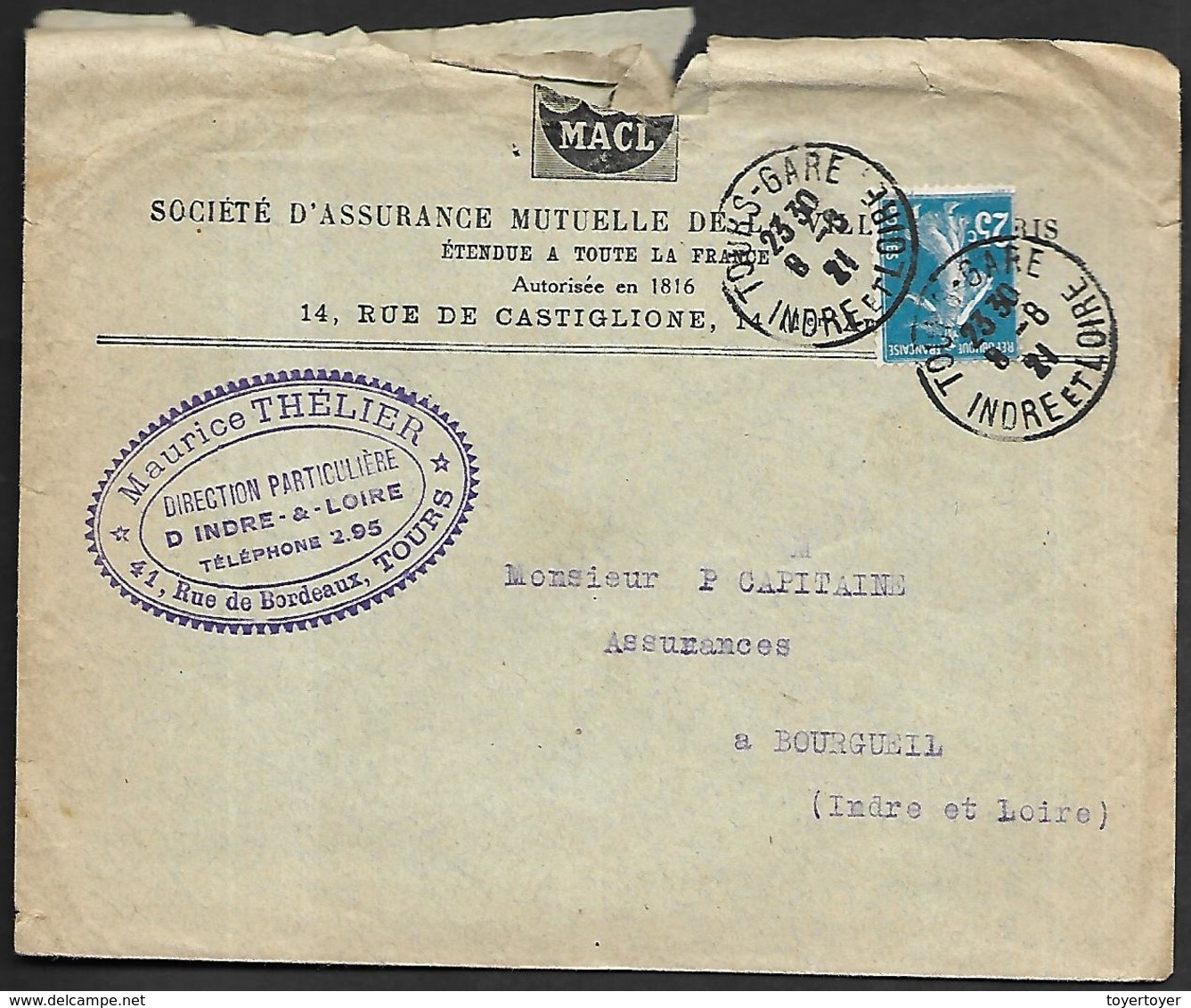 LF C32  Enveloppe De 1921 De Tours Timbre N°140 - 1921-1960: Période Moderne