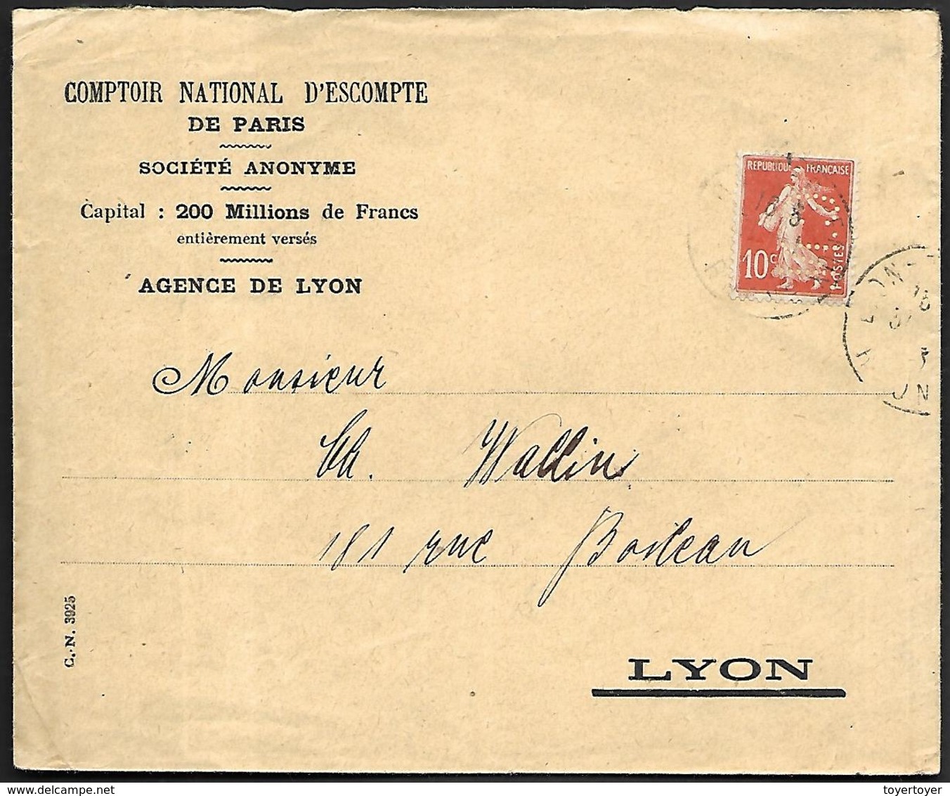 LF C36  Enveloppe De 1913 De Lyon Timbre N°138 Perforé CN - 1921-1960: Période Moderne