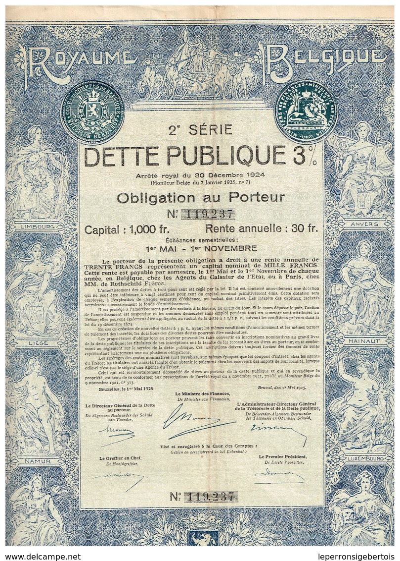 Obligation Ancienne - Royaume De Belgique - 2ème Série DETTE PUBLIQUE 3% 1925 - Titre Original -Déco - N° 119237 - A - C