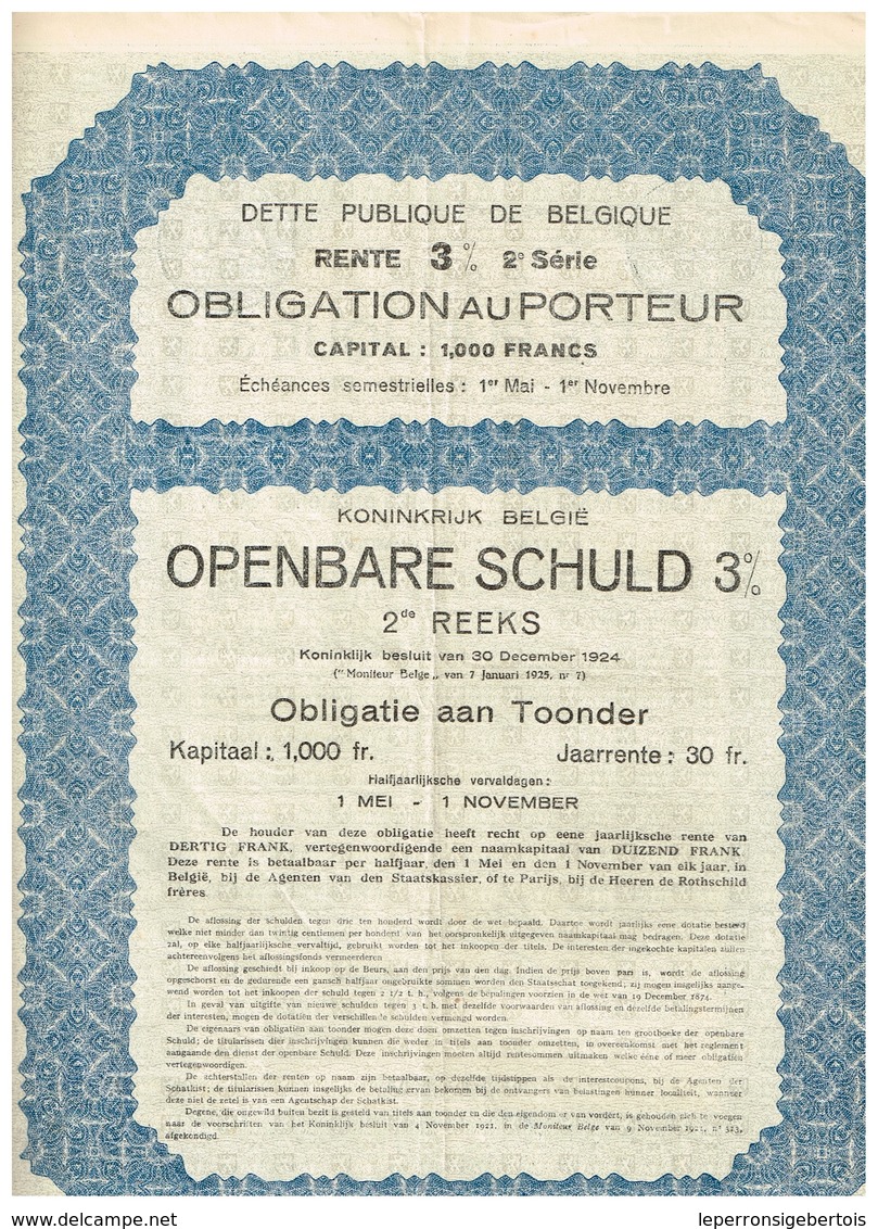 Obligation Ancienne - Royaume De Belgique - 2ème Série DETTE PUBLIQUE 3% 1925 - Titre Original -Déco - N° 119237 - A - C