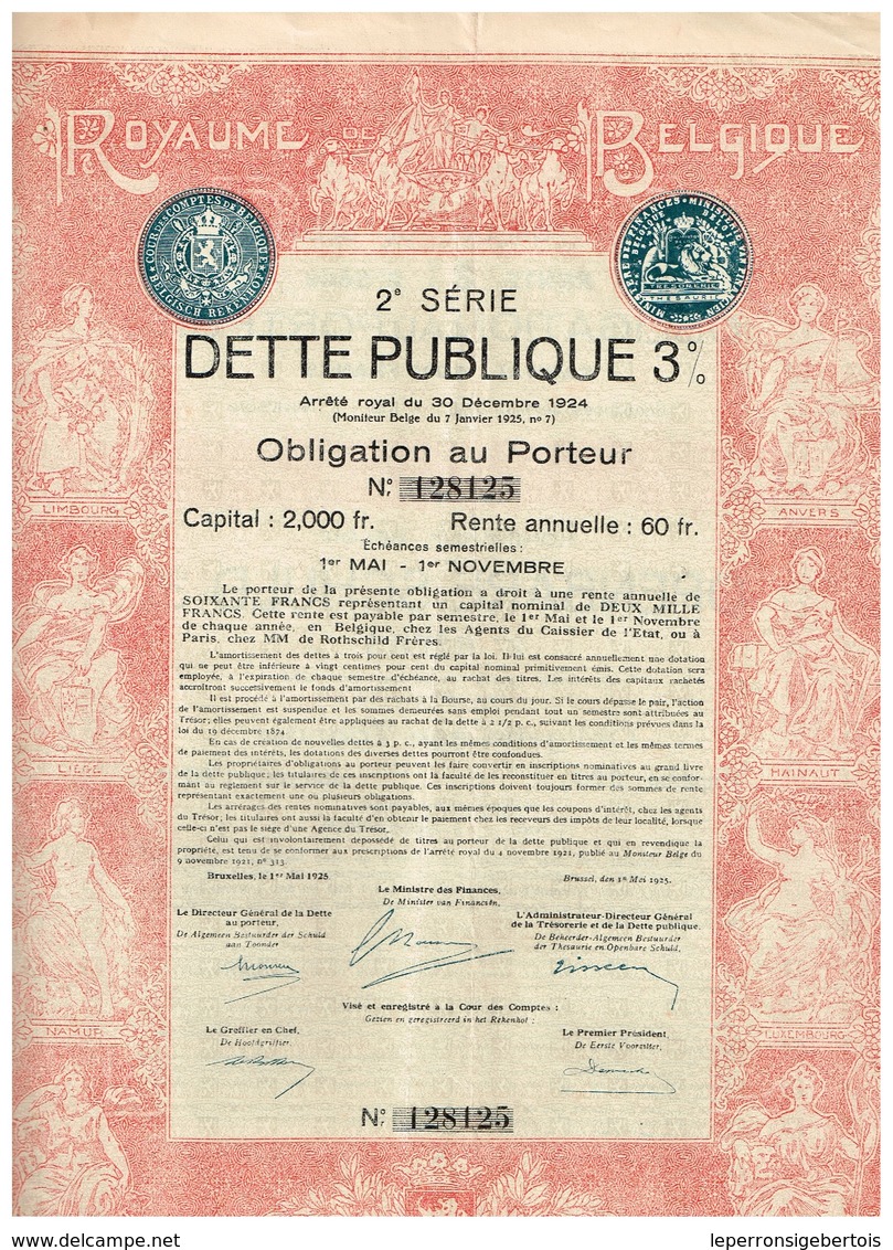 Obligation Ancienne - Royaume De Belgique - 2ème Série DETTE PUBLIQUE 3% 1925 - Titre Original -Déco - N° 128125 - A - C