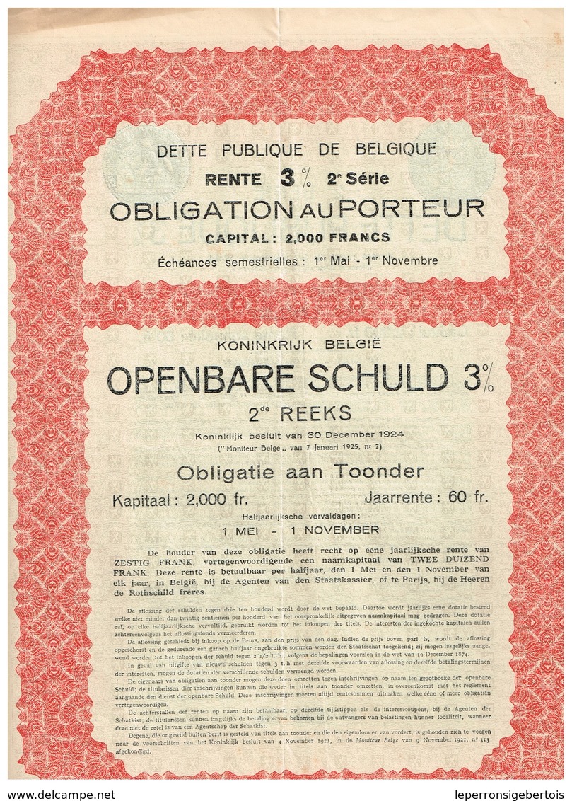 Obligation Ancienne - Royaume De Belgique - 2ème Série DETTE PUBLIQUE 3% 1925 - Titre Original -Déco - N° 128125 - A - C