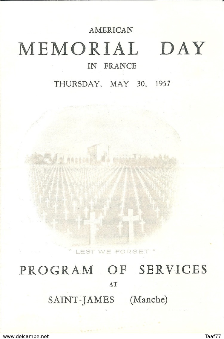 Programme De L'American Memorial Day In France - 30 Mai 1957 - Program Of Services At Saint-James (Manche) - Programmes