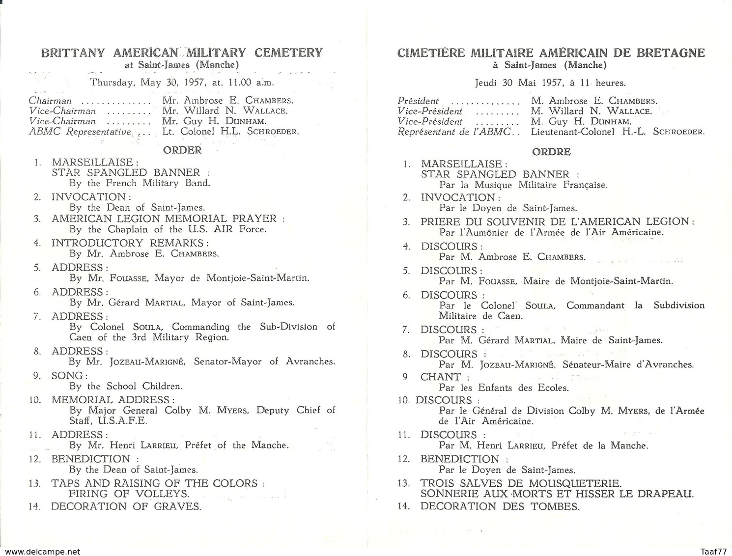 Programme De L'American Memorial Day In France - 30 Mai 1957 - Program Of Services At Saint-James (Manche) - Programmes